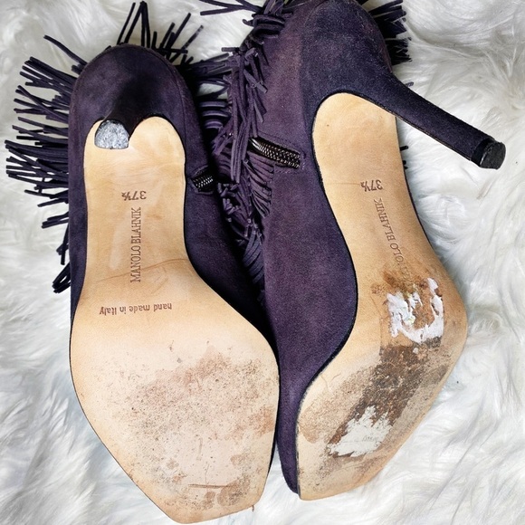 MANOLO BLAHNIK Plum Suede Fringe Peep Toe Bootie, Size 7 - Picture 7 of 10